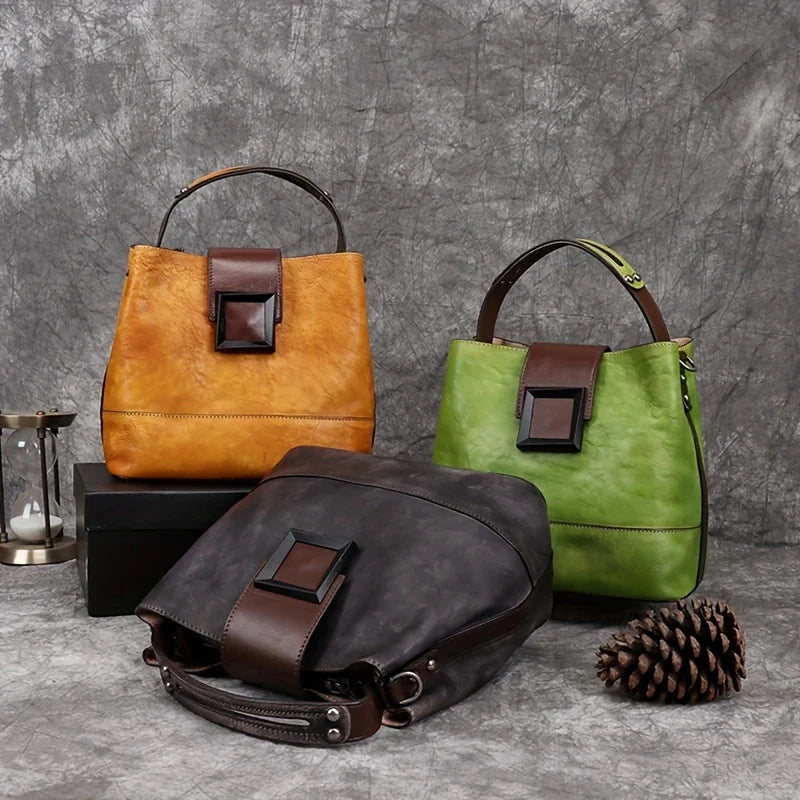 Vintage-style Solid Color Genuine Leather Crossbody Bag